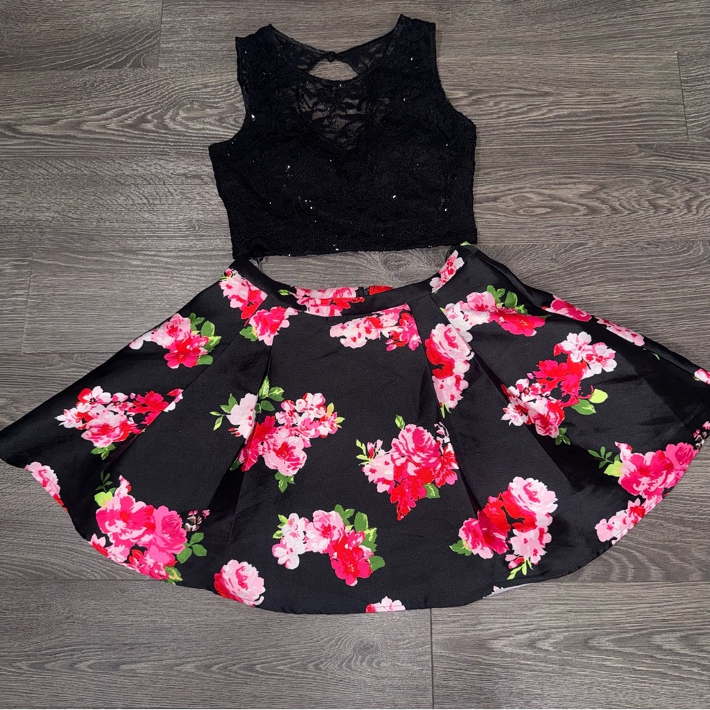 B. Darlin 2 Pc Lace Floral Black Pink Cocktail Party Prom Dress 11/12 Sequins - Picture 3 of 15